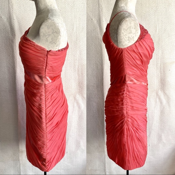 Theia 4/6 Silk Short Gathered Party Dress Coral - Picture 6 of 8